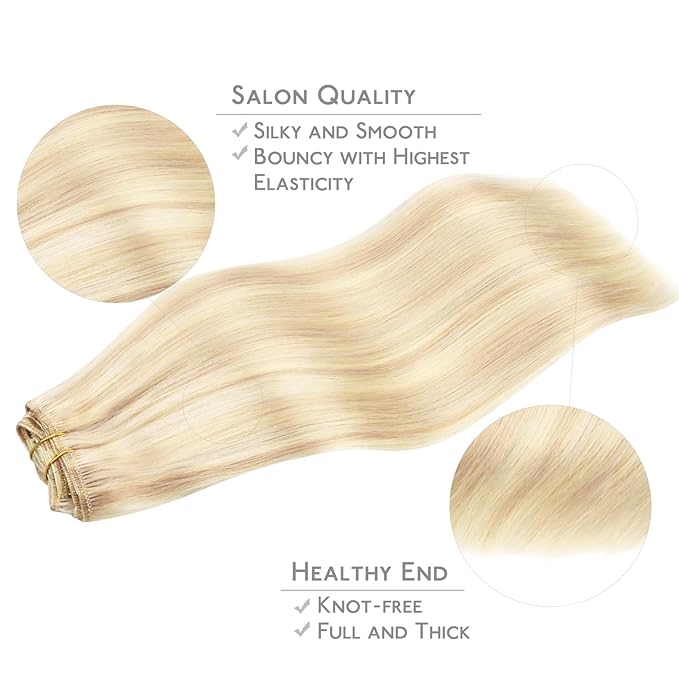 WENNALIFE Clip in Hair Extensions, 150g 16 Inch 9pcs Balayage Light Wheat Platinum Blonde Remy Hair Thicker Double Weft Extensiones De Cabello Humano Con Clip Ins Straight Full Volume
