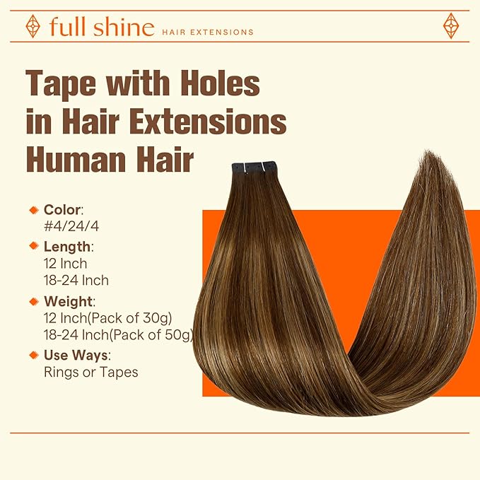 Full Shine Tape in Hair Extensions Human Hair Ombre Hair Extensions Color 4 Medium Brown to 24 Blonde and 4 Medium Brown 24Inch Tape in Extensions 50G Seamless Straight 20PCS Party for Thin Hair