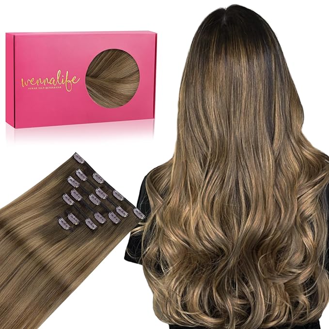 WENNALIFE Clip in Hair Extensions - Real Human Hair, 24 Inch 120g 7pcs, Light Ash Brown to Warm Chocolate Highlighted Caramel Blonde