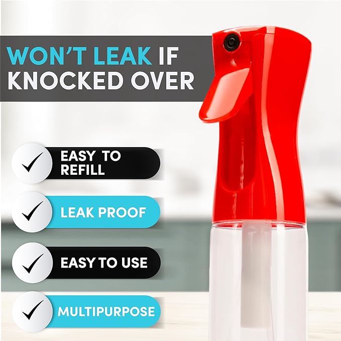 Hula Home Spray Bottle for Hair (10.1oz/300ml) - Powered by Flairosol® Spray Technology - Continuous Ultra Fine Mist Sprayer for Hairstyling, Cleaning, Salons, Plants, Essential Oil & More - Red/Clear