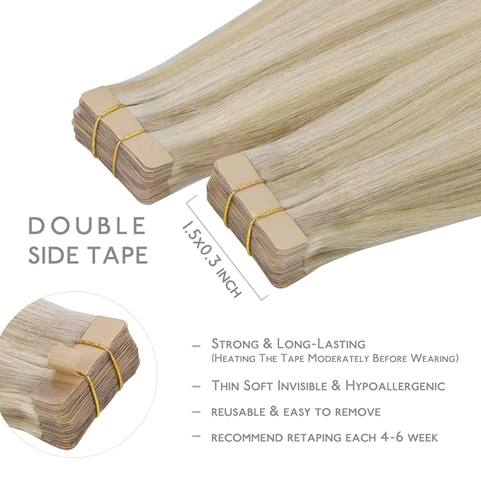 WENNALIFE Tape in Hair Extensions Human Hair, 20pcs 40g 12 inch Ash Blonde to Golden and Platinum Blonde Remy Hair Extensions Straight Human Hair Tape in Extensions Skin Weft