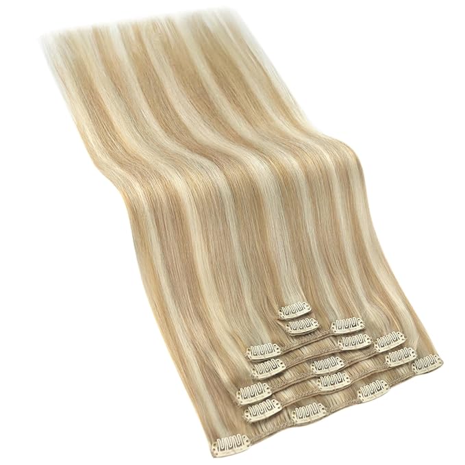 Ve Sunny Blonde Clip in Hair Extensions Human Hair Clip in Extensions Highlight Caramel Blonde with Platinum Blonde Real Hair Extensions Clip in Human Hair Any Occasion 120g 24 Inch