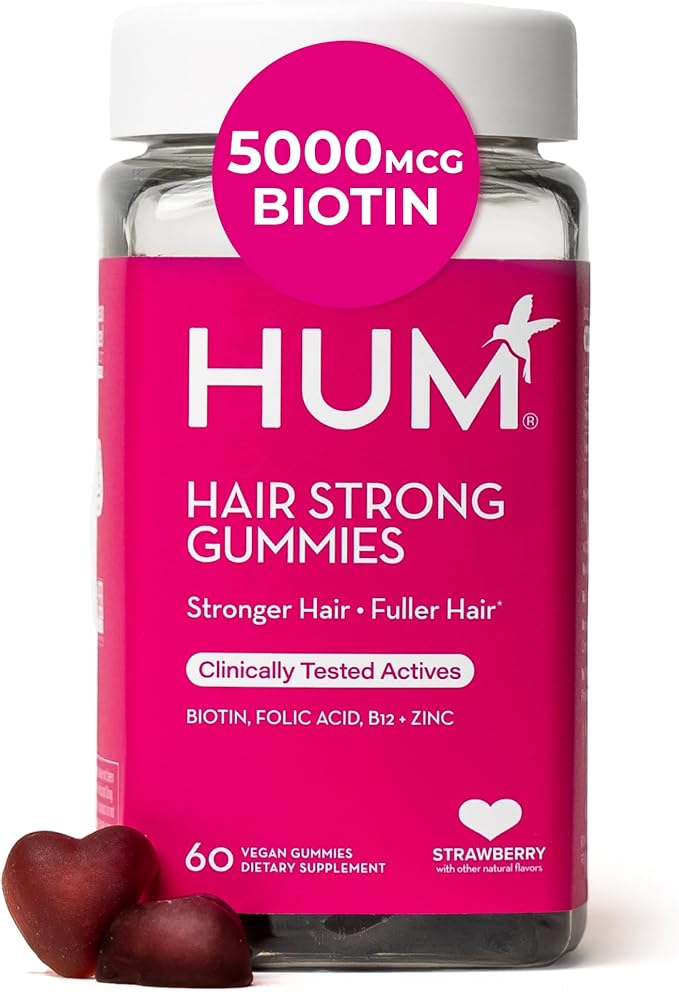HUM Hair Strong Daily Hair Growth Gummies with Biotin, Zinc, Vitamin B12 to Support Growth, Folic Acid & Vitamin B12 Gummy Vitamins for Healthy Hair Support for Women and Men, 60 Gummies