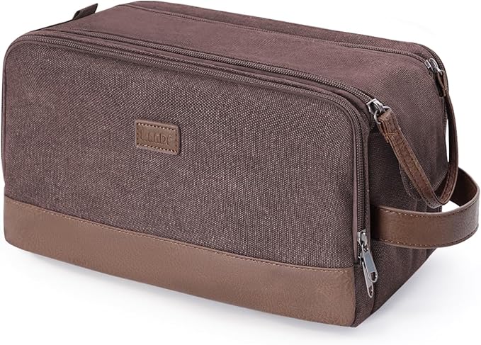 WANDF Toiletry Bag for Men Travel Toiletry Organizer Canvas and Leather Dopp Kit Water-Resistant Shaving Bag for Travel Accessories (Brown, Large)
