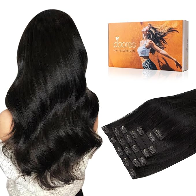 DOORES Seamless Clip-in Hair Extensions, Natural Black 22 Inch 110g 7pcs, Real Human Remy Hair with Skin Weft Invisi Edge Straight