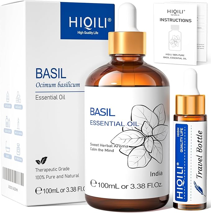 HIQILI Basil Essential Oil, 100% Pure & Natural, Diffuser in Bedroom, Yoga, Mediation for Calming Relaxation Mood, Hair Growth, Body Massage, DIY Sweet Herbal Scented Soap Gifts- 100ML