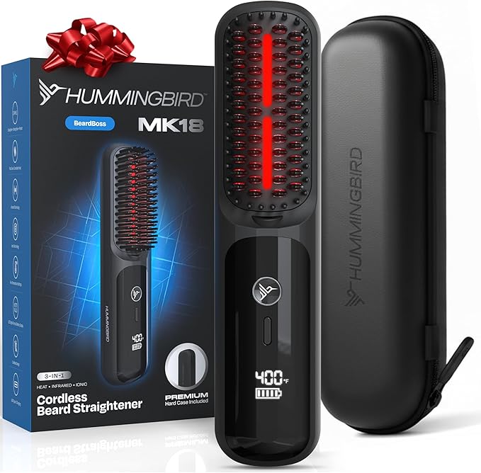 HUMMINGBIRD MK18 BeardBoss Cordless Beard Straightener for Men – Heated Beard Brush & Hot Comb, 5 Temp Settings, Anti-Scald Portable Hair Straightener, PTC Ceramic Heat, Infrared & Ionic, Travel Case