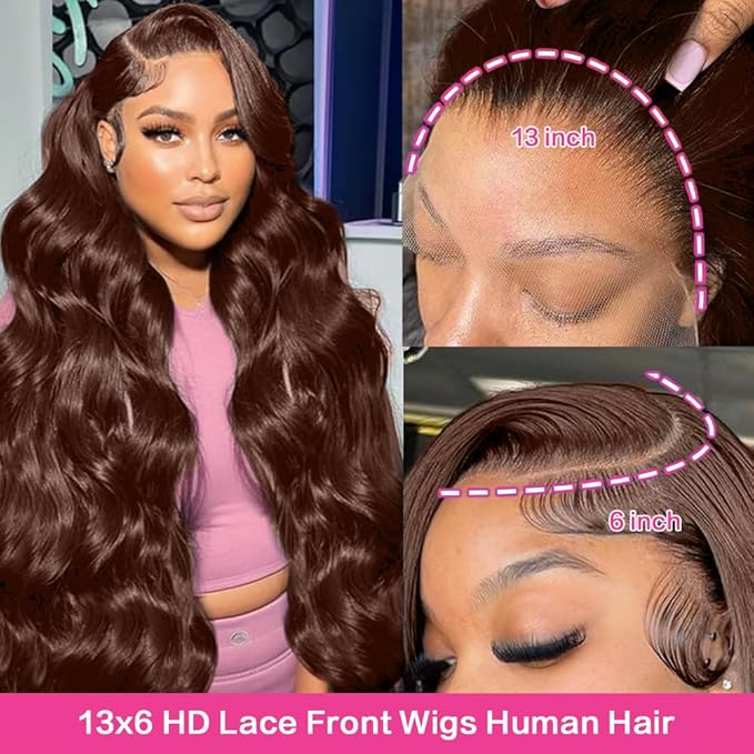 abbildung 28inch Chocolate Brown Lace Front Wig Human Hair 13x6 HD Transparent Body Wave Lace Front Wigs Human Hair Pre Plucked Glueless Frontal Brown Wig Human Hair 180% Density #4
