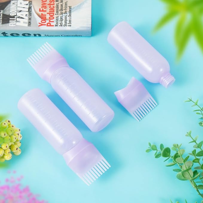 4Pcs Root Comb Applicator Bottle, 6 Ounce Hair Dye Bottles with Comb and Graduated Scale Plastic Hair Oil Brush for Hair Care and Color, Purple