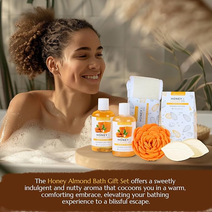 Bath Spa Gift Basket, Bath & Body Gift Set for Women & Men, Includes Shower Gel, Bubble Bath, Bath Salt, Bath Sponge, Spa Gift Box for Mother's Day, Birthday, Wedding, Honey & Almond 8pcs