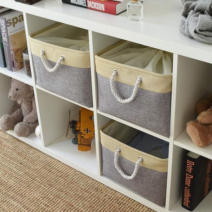 TheWarmHome Storage Bins Baskets for Organizing - Extra Jumbo 3 Pack 20.5Lx15.7Wx13.8H Sturdy Fabric Storage Basket for Shelves, Decorative Foldable Closet Nursery Toy (Gold&Grey)
