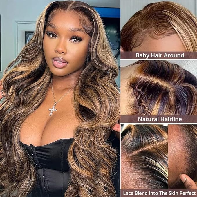 200% Density 360 Lace Front Wigs Human Hair Pre Plucked Honey Blonde Body Wave Lace Front Wigs with Baby Hair Full 360 Glueless HD Transparent Lace Front Human Hair Wigs for women 4/27 Human Hair Wig