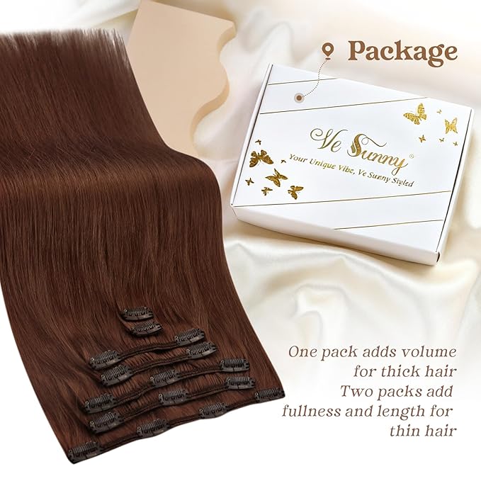 Ve Sunny Clip in Hair Extensions Real Human Hair, Clip on Extensions Human Hair, Short Straight Hair Extensions Clip ins Auburn for Party Add Volume Bold Color, 5pcs 80g 12inch