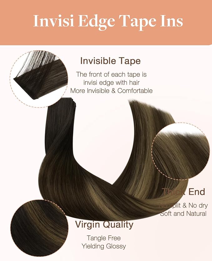GOO GOO Invisi Edge Tape in Hair Extensions Human Hair, 2/6/2 Balayage Dark Brown to Chestnut Brown 10pcs injected with 10pcs classical tape ins, 20inch 50g, Virgin Remy Hair, Natural Look