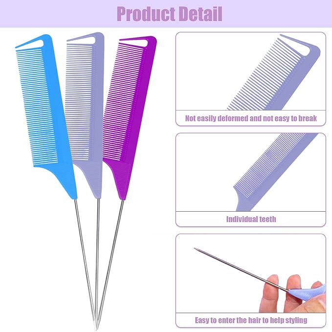 10 PCS Rat Tail Combs Set - Hair Teasing Fine Tooth Comb for Women Girls, Parting Comb for Braiding Hair Styling Tools & Appliances with Stainless Steel Pintail Carbon Fiber Heat Resistant