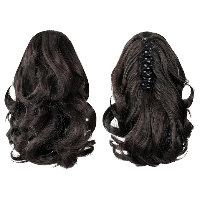 Black Ponytail Extension,9" Short Curly Wavy Claw Clip Pony tails Hair Extensions Natural Soft Synthetic Hairpiece for Women - Black Brown