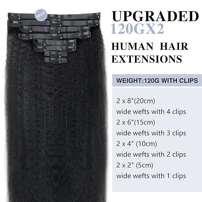 Kinky Straight Clip in Hair Extensions Real Human Hair 2 Pack 240g Seamless Clip in Hair Extensions for Women Full Max with 16Pcs PU Skin Weft 16inch Natural Black