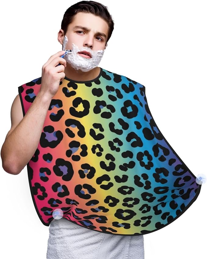 Beard Trimming Catcher Apron, Waterproof Non-Stick Grooming Bib for Shaving, Ideal for Men Dad Father’s Day, Rainbow Cheetah Skin Leopard Print Shave Bib