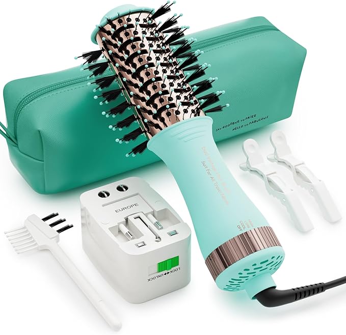 Travel Dual Voltage Hair Dryer Brush Blow Dryer Brush in One,2 Inch Hot Air Brush,Travel Hair Styler/Volumizer/Straightener/Curler,European Blow Dryer Brush with Universal Adapter