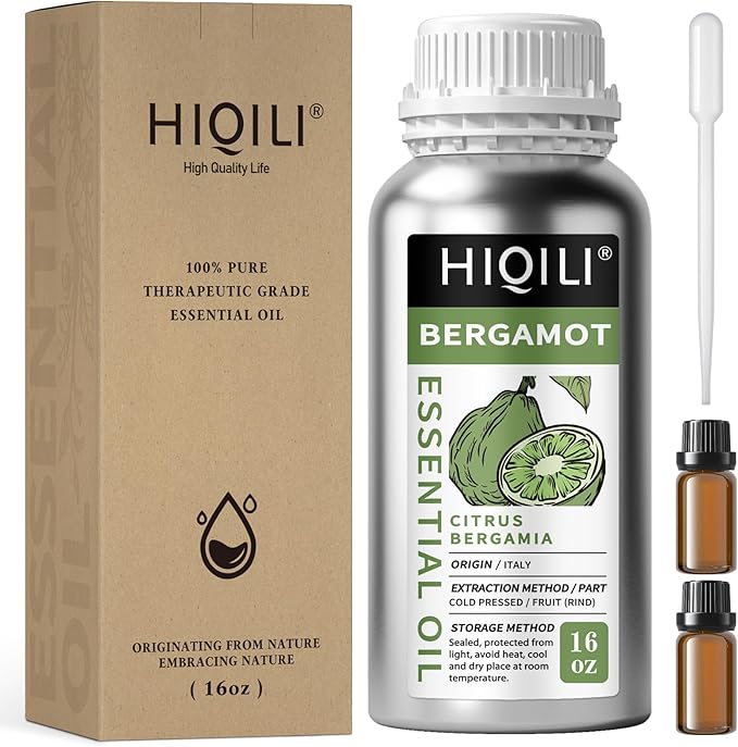 HIQILI Bergamot Essential Oil for Diffuser, Skin, Hair, DIY, 100% Pure & Natural - 16 Fl Oz (500 mL)