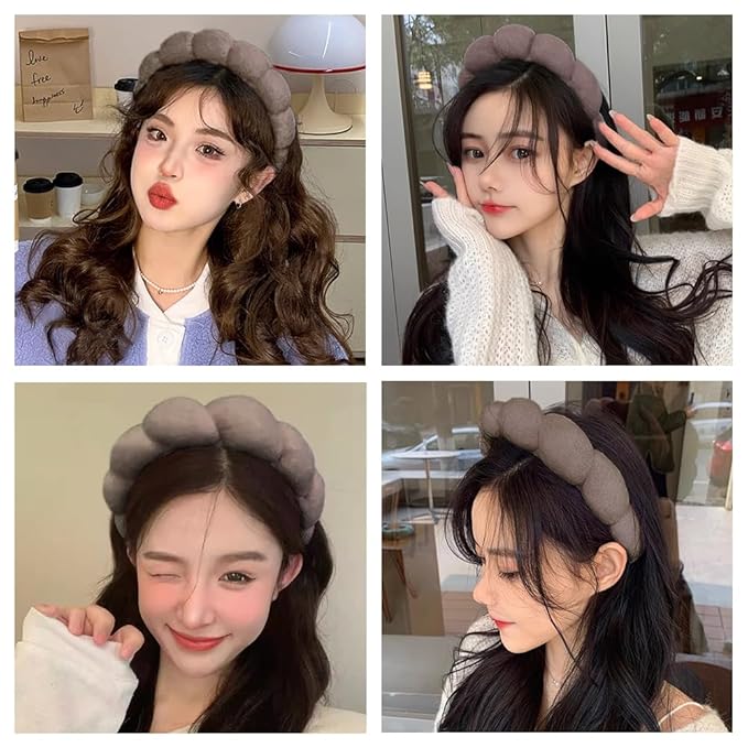 Spa Headbands for Washing Face or Makeup, Sponge Bubble Skincare Headbands, Puffy Terry Cloth Hairband for Women, Skin Care Makeup Headwear Hair Accessories for Girls (Dark Coffee)