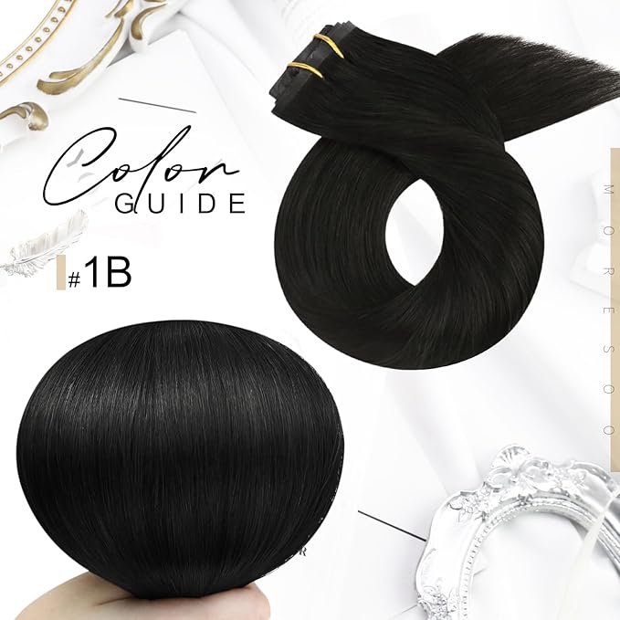 Moresoo Seamless Hair Extensions Clip in Black Clip in Extensions Real Human Hair Black Natural #1B Pure Skin Invisible for Women Long 120g/7pcs 16in