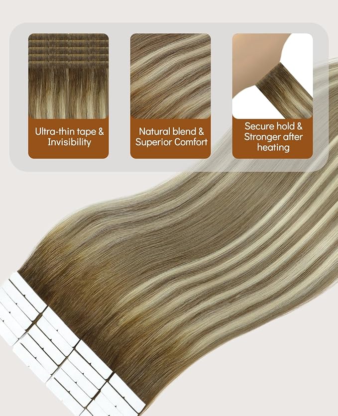 VINBAO Invisible Tape in Extensions Human Hair, 55g 20pcs Balayage Walnut Brown to Ash Brown and Blonde Seamless Injected Tape in Extensions Natural Look 20inch #3/8/22