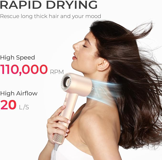 TYMO Ionic Hair Dryer for Women, High Speed Travel Blow Dryer for 5X Faster Drying & 0 Damage, Professional Portable Quiet Hairdryer with 400M Negative Ions, 4 Temps& 2 Speeds, 110,000 RPM, Gold Blush