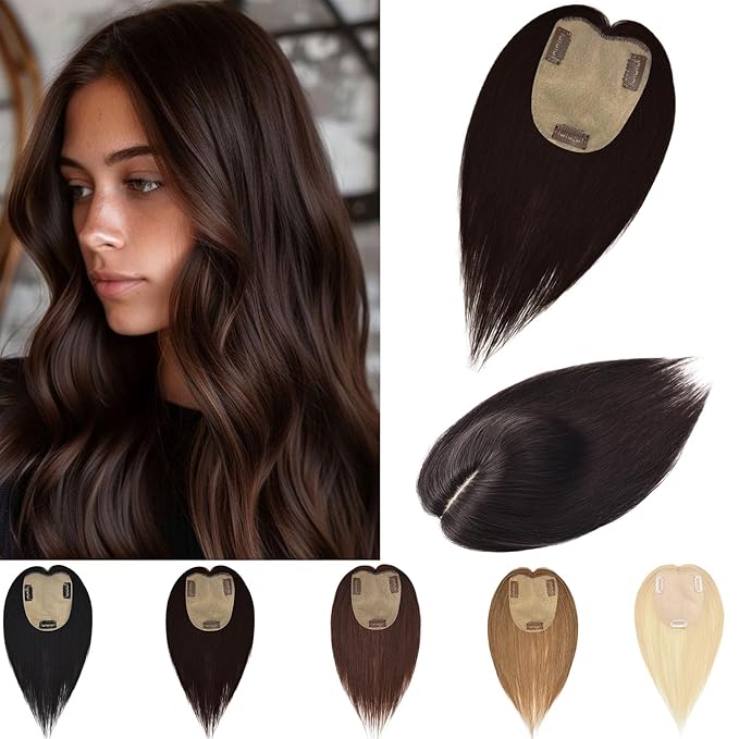 Human Hair Toppers for Women with Thinning Hair Real Human Topper Crown No Bangs 10 Inch #2 Dark Brown