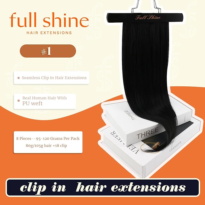 Full Shine Seamless Clip in Hair Extensions Human Hair Black Invisible Clip ins Extension 16 Inch with PU Weft Straight Hair Add Volume 8 PCS 120 G
