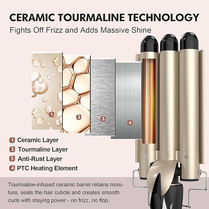 Hair Waver 1 1/4 Inch Crimper for Large Loose Waves, AIMERVO 3 Barrel Curling Iron 1.25", 15 Heat Settings 170-450°F for All Hair Types, Ceramic Jumbo Curling Wand, Dual Voltage, for Mid to Long Hair