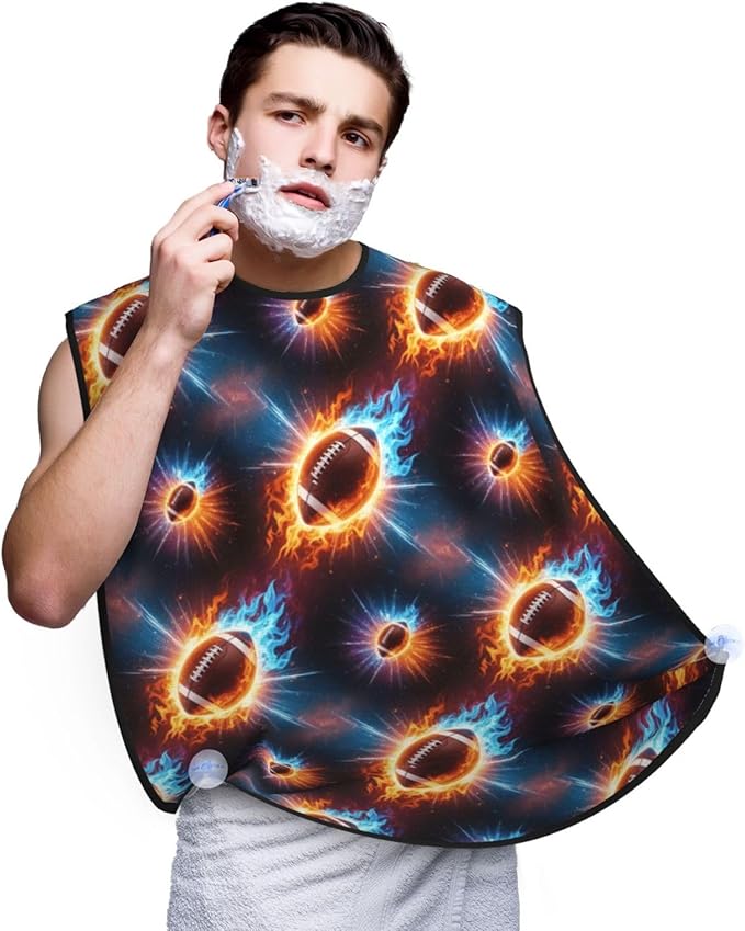 Professional Beard Bib, Non-Stick Hair Catcher Apron Waterproof, Shaving Grooming Essential for Men Dad, Space Ice and Fire American Football Shave Bib