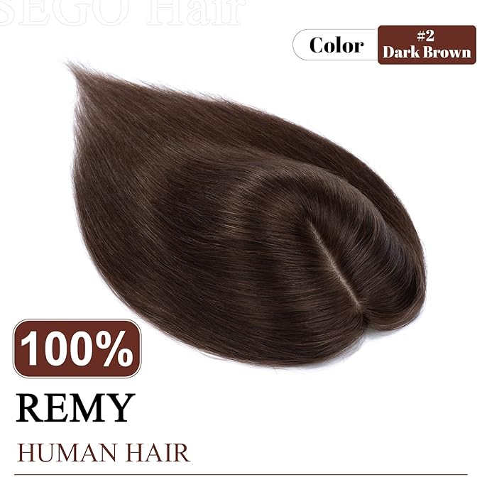 SEGO Real Human Hair Topper for Women, No Bangs Hair Topper with Anti-Slip Clips (16 Inches Dark Brown)