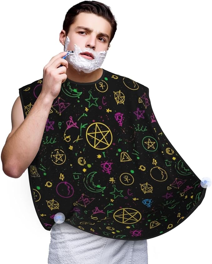 Beard Hair Catcher Bib, Waterproof Non-Stick Grooming Apron for Shaving Trimming, Perfect for Men Dad, Magical Bright Alchemical Cosmic Goth Trippy Purple Sun Moon Art Witchcraft Shave Bib