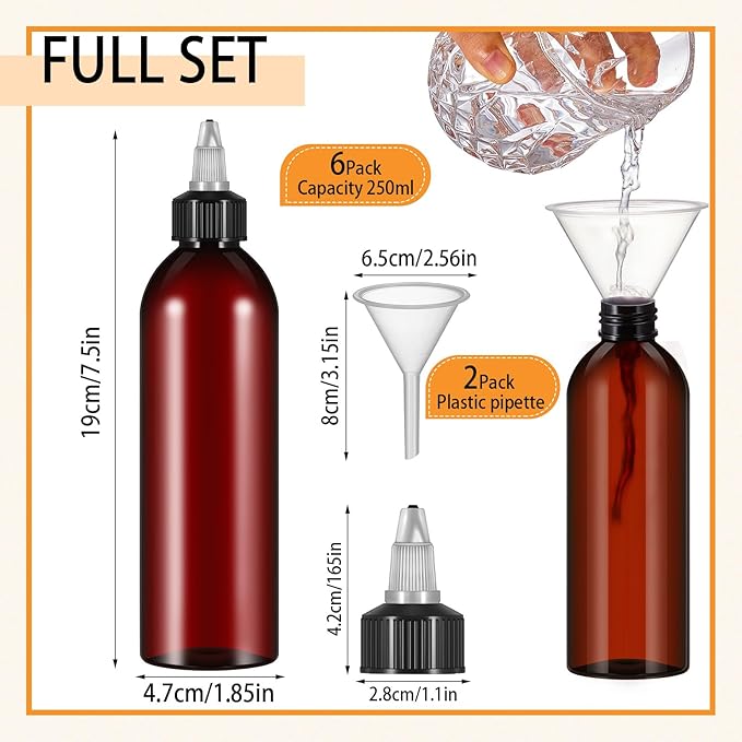 Barydat 6 Pcs 8 oz Squeeze Bottle Twist Top Applicator Bottles Empty Hair Oil Bottle with Funnels Refillable Amber Plastic Bottles for Liquid Hair Oil Shampoo Lotion