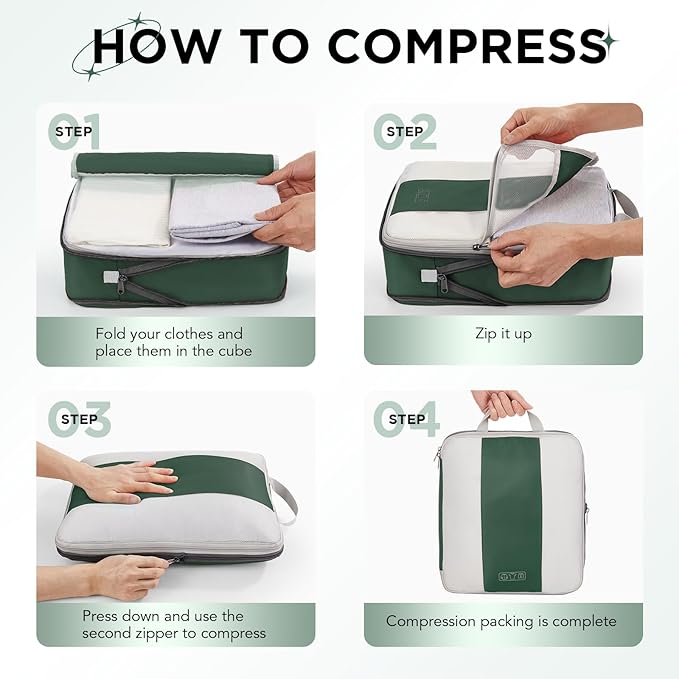 10 Set Compression Packing Cubes for Travel Essentials,Compressible Expandable Packing Cubes for Suitcase,OlarHike Luggage Organizer Bags for Travel,Handy Helper for Organizing Clothes(Dark Green)