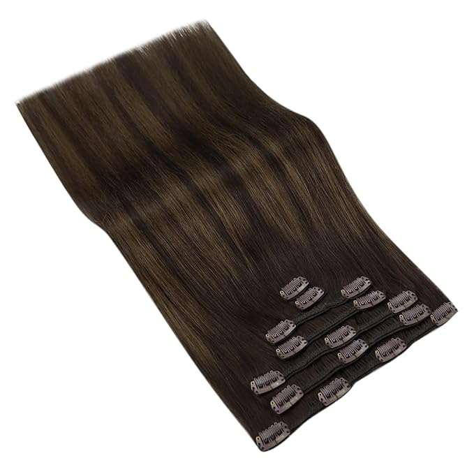 Ve Sunny Clip in Hair Extensions Dark Brown Balayage Medium Brown Remy Hair Extensions Real Human Hair for Women Thickness 16inch 100g 7pcs