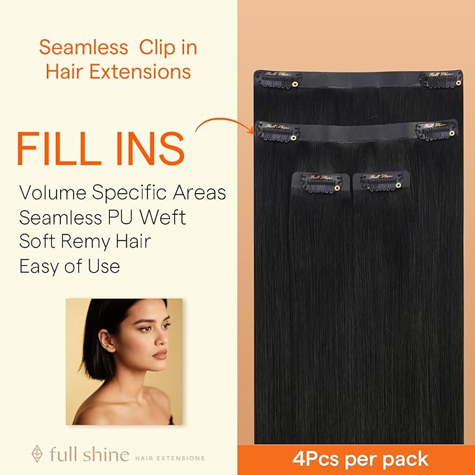 Full Shine Seamless Clip in Hair Extensions, 18Inch Thinning Hair Extensions Fill Ins, Black Clip in Hair Extensions Remy Human Hair for Women, Add Thickness Color1 4PCS 85g
