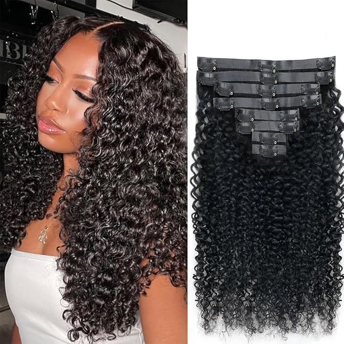 Seamless Curly Clip in Hair Extensions Real Human Hair Brazilian Virgin Human Hair Clip in Extensions 8Pcs Seamless Clip ins for Black Women with 18Clips PU Skin Weft 120g 26inch Natural Black
