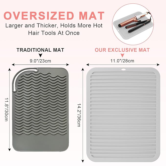 AMIJEAL Oversize Silicone Heat Resistant Mat for Hair Tools, Curling Iron Flat Iron Hair Straightener Holder Mat, Portable Hot Tools Cover Pad for Travel Vanity Salon(14.2" x 11.0")