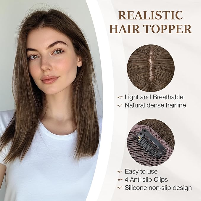 Rich Choices Hair Toppers for Women Real Human Hair 100% Human Remy Toppers NO Bangs for Women with Thinning on Top Clip in Hairpiece 4"x4.7"Lace Base 12 Inch #2R Chocolate Brown