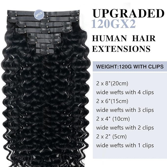 Deep Wave Clip in Hair Extensions Real Human Hair 2 Pack 240g Seamless Clip in Hair Extensions for Women Full Max with 16Pcs Remy Natural Human Hair PU Skin Weft 20inch Natural Black