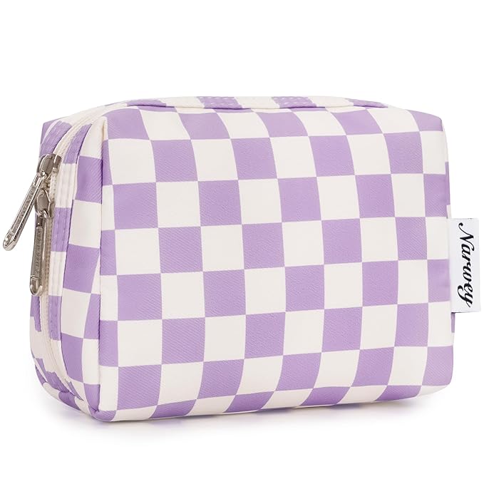 Narwey Small Checkered Makeup Bag for Purse Mini Cosmetic Bag Travel Makeup Pouch Zipper Pouch Cute Make up Bags with Compartments for Women Girls (Purple Checkerboard, Small)