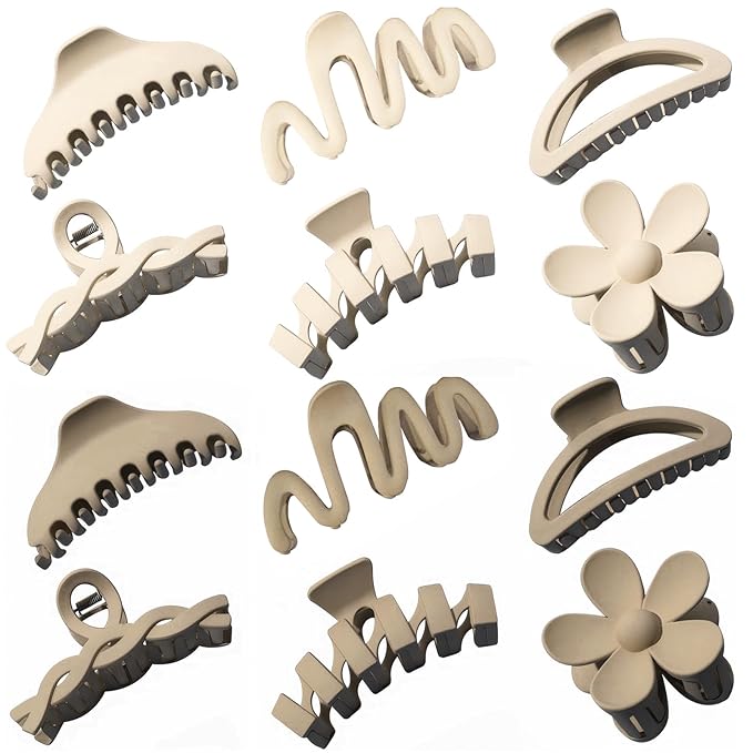 12 Pcs Claw Clips, Multi-Shapes Hair Clips for Women Girls, Non-Slip Large Jaw Claw Clips for Thick Thin Curly Hair Accessories (White + Beige)