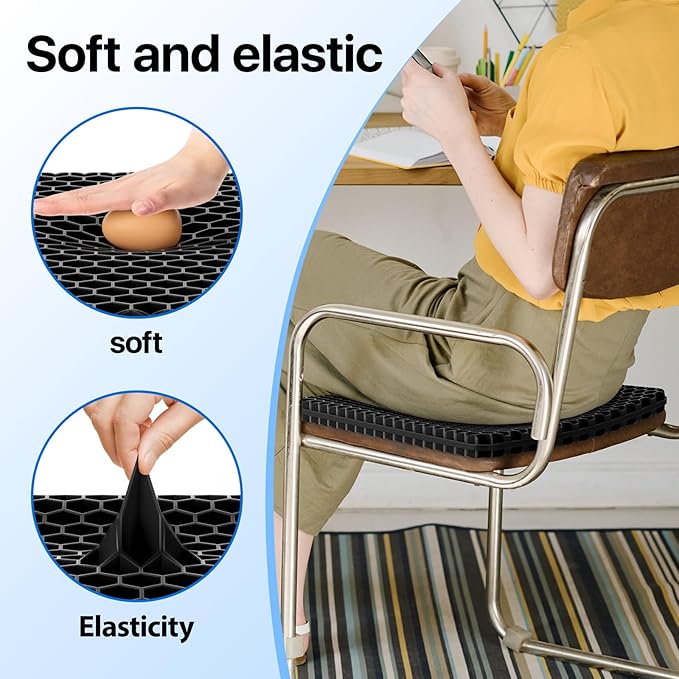 Gel Seat Cushion, Cooling Thick Big Breathable Honeycomb Design Absorbs Pressure Points Seat Cushion with Non-Slip Cover for Office Chair Home Cars Wheelchair