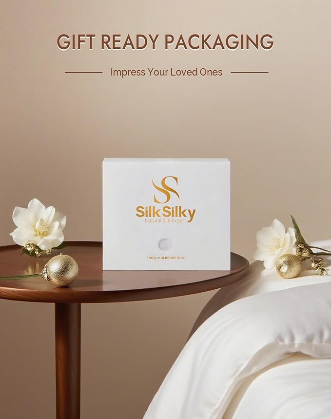 SilkSilky 100% Mulberry Silk Pillowcase - Pure 22 Momme High-Grade 6A Fibers for Hair & Skin, Envelope Closure, Natural, Organic, Breathable & Cooling Pillow Case (Queen, Champagne)