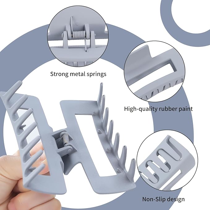 4 Inch Big Hair Claw Clips 6 Pcs Large Claw for Thick Hair Square Hair Clips for Women Rectangle Hair Clips Nonslip Acrylic Banana Jaw Clips Hair Accessories for Girls (Grey)