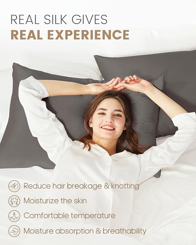 THXSILK 100% Mulberry Silk Pillowcase for Hair and Skin, Both Sides Grade 6A+ Pure Natural Silk Pillowcase, Soft Breathable Zipper Pillow Case Queen Size 20"x30", Dark Grey