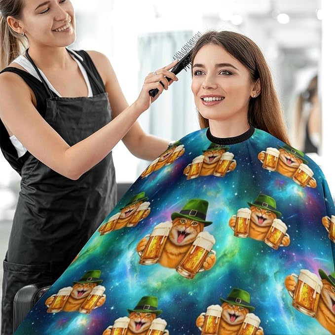 Extra Long Barber Styling Cape, Cool Cat with Hat Beer Mugs Funny Drink Haircut Hairdressing Cloth Apron Hair Cutting Cloak for Hair Cutting