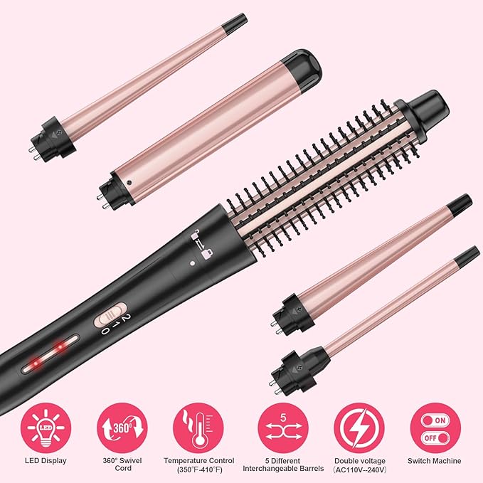 5 in 1 Curling Wand Set with Thermal Brush & Ceramic Barrels (0.35"-1.25"), Instant Heat Up, Dual Voltage Hair Curler, Perfect for Long Short Hair, and All Hair Types, Gift for Women
